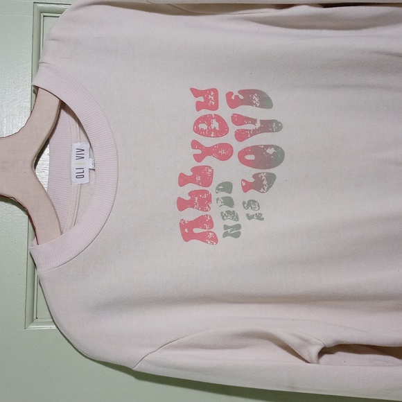 Women's Oli & Viv All You Need Is Love tan pink sage L crewneck - Picture 3 of 8